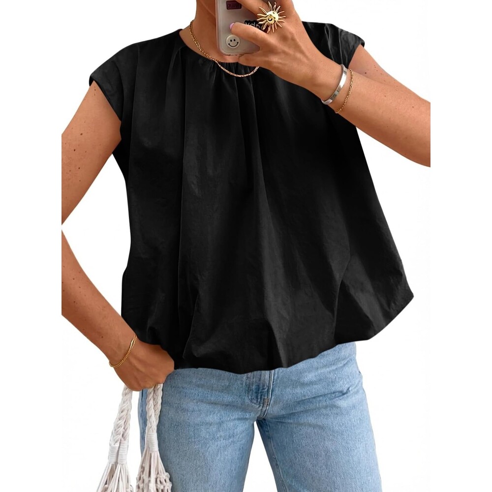 Cicy Bell Womens Cap Sleeve Blouse Pleated Crew Neck Bubble Top Black Size M NWT